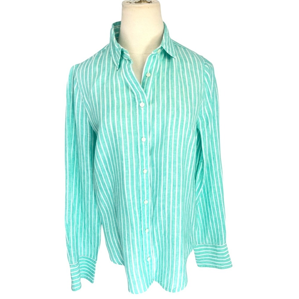 Baird McNutt For J. Crew Women's Size 6 Irish Linen Button Up Top Blue Stripe - Picture 2 of 13